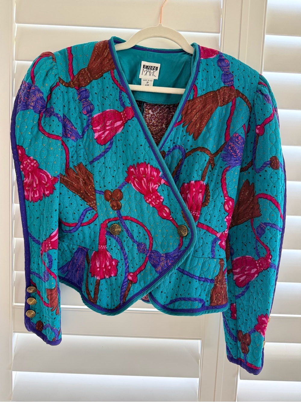 Vintage Jeanne Marc Quilted Crop Jacket Puffy Sleeve Teal Floral USA Petite 4/6